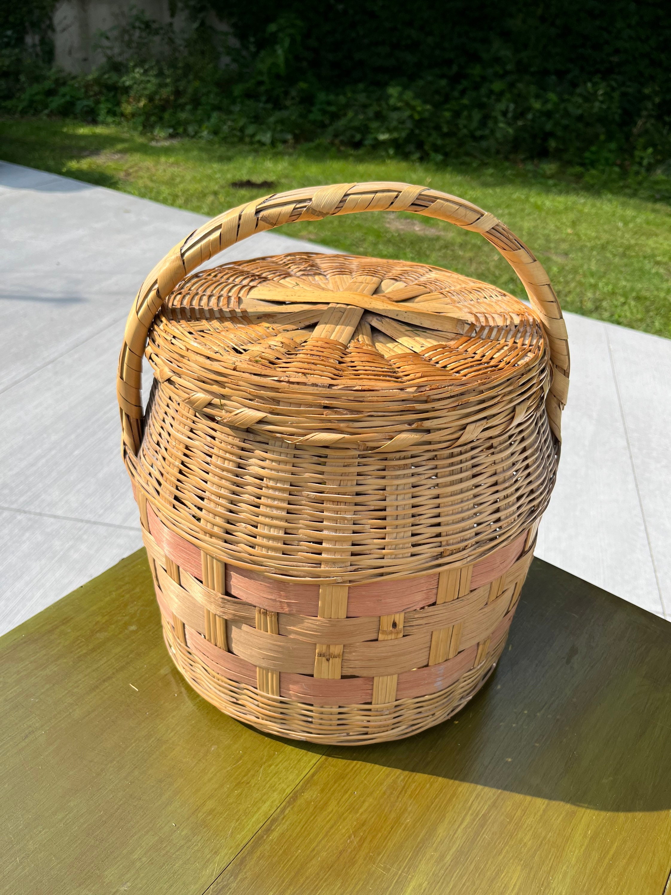 VINTAGE! Handwoven Large Market Basket w/Handle and Lid - Etsy 日本