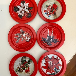 VINTAGE! Christmas Tin Poinsettia, Pine Tree, Candles Design Coasters