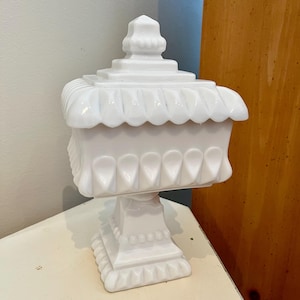 VINTAGE! Manganese Glass Kemple Square Milk Glass Pedestal Compote W/ Lid
