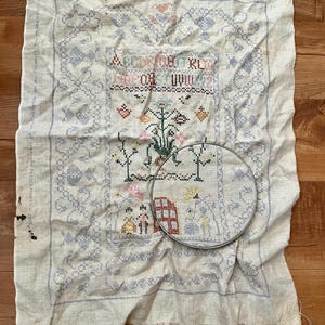 VINTAGE! Unfinished Cross Stitch Fabric with/ Alphabet, Flowers, Dutch Couples and House Design