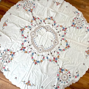 VINTAGE! Stunning Intricate Embroidered and Crocheted Floral Round Tablecloth