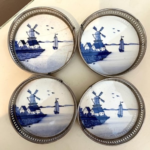 VINTAGE! 4 Delft White and Blue Windmill Waterscape Coasters