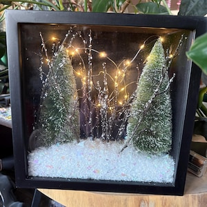 May include: A framed Christmas scene with two small green Christmas trees, white glitter snow, and string lights. The black frame encloses the miniature winter wonderland, creating a festive holiday decoration.