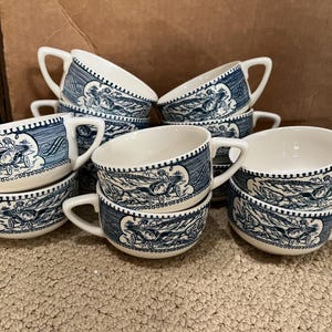 VINTAGE! 12 Currier & Ives Blue and White Transferware American Homestead Horse and Buggy Teacups