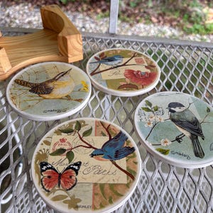 May include: Set of four round ceramic coasters with bird and butterfly illustrations. Each coaster features a different bird design with floral and botanical elements. Includes a wooden coaster holder.