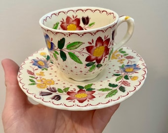¡VINTAGE! Delicada taza de té y platillo de porcelana con motivos florales pintados a mano