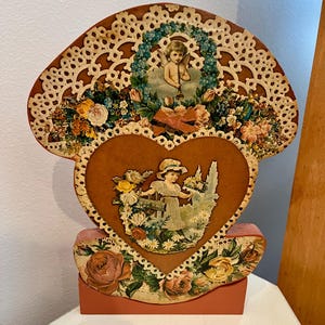 VINTAGE! Heart Shaped Wooden Heart, Doily Cherub and Bouquets of Flowers Design Table Decor