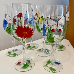 VINTAGE! 7 Lenox Butterfly and Flower Hand Painted Wine Glasses