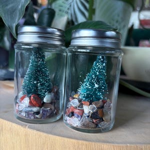 Könnte beinhalten: Zwei kleine Glasbehälter mit silbernen Deckeln, die jeweils einen Miniatur-Weihnachtsbaum und bunte Steine enthalten. Die Gläser stehen auf einer Holzoberfläche, mit grünem Laub im Hintergrund.