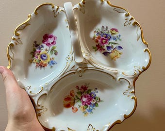 VINTAGE! Floral Jimenau Graf Von Henneberg Handled Divided Serving Dish