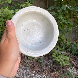May include: A handmade, off-white ceramic bowl with a speckled surface. The bowl is round with a wide rim and is held in a person's hand. The background features green foliage and a stone wall.