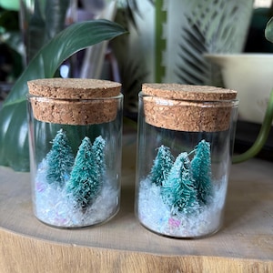 Christmas/ Winter in a Jar w/ Little Bottlebrush Pine Trees and Fake Snow