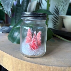 Noël/hiver dans un bocal avec petits pins goupillons et fausse neige