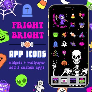 Pode incluir: Um ecrã de smartphone exibe ícones de aplicativos, widgets e papel de parede com tema de Halloween. O design apresenta um esqueleto, fantasmas, abóboras e o texto "FRIGHT BRIGHT APP ICONS".