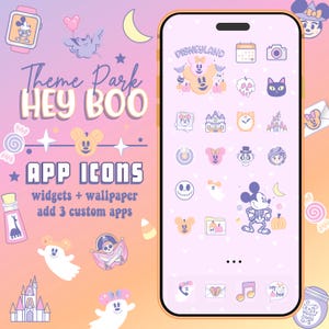 Könnte beinhalten: Eine digitale Smartphone-Benutzeroberfläche mit einem pastellfarbenen violett-orangen Verlaufs-Hintergrund, Halloween-App-Symbolen, Widgets und Hintergrundbild. Der Text lautet Theme Park HEY BOO APP ICONS widgets + wallpaper add 3 custom apps.