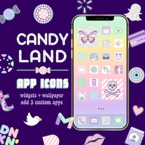 May include: A phone screen with a colorful candy-themed app icon design. The icons are in a grid pattern and feature various pastel colors, glitter, and cute designs. The text "CANDY LAND APP ICONS" is displayed above the phone screen. The text "widgets + wallpaper add 3 custom apps" is displayed below the phone screen.