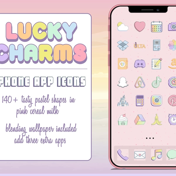 Pastel Lucky Charm App Icons with Pink Milk Blended Wallpaper