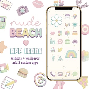 May include: A phone screen mockup with a pastel pink and yellow background. The screen displays a variety of app icons in a grid layout, including Instagram, Twitter, Facebook, and more. The text "nude BEACH" is displayed at the top of the screen, along with the text "APP ICONS" and "widgets + wallpaper add 3 custom apps".