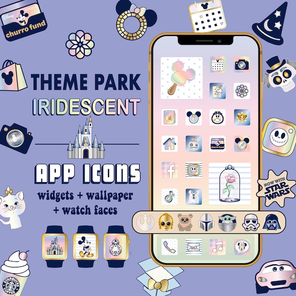 Iridescent Theme Park App Icons and 20 Watch Icons | iOS and Android Pastel App Icons