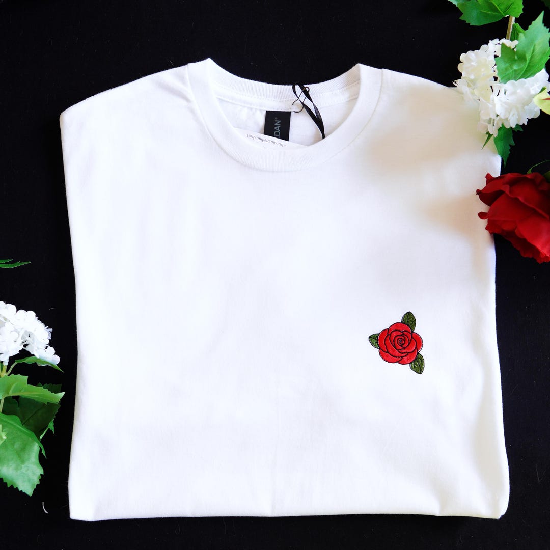 Rose - Embroidered Short Sleeve T-shirt - Unisex - White or Black