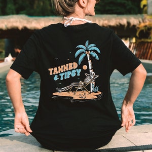 Tanned and Tipsy Tshirt, Skeleton Shirt, Summer Tee, Retro Skeleton, Day Drinking, Lake Shirt, Beach Shirt, Vacation, River Shirt,Summer Fun