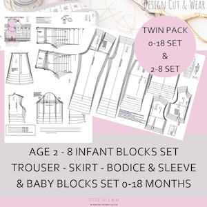 Toddler & Child Blocks Set - Age 2 - 8  AND Baby Blocks set 0 to 18 Months full sets -Drafted Using The Latest UK Sizing Data-
