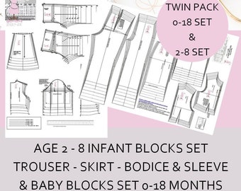 Toddler & Child Blocks Set - Age 2 - 8  AND Baby Blocks set 0 to 18 Months full sets -Drafted Using The Latest UK Sizing Data-