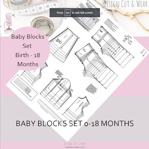 Könnte beinhalten: Ein Satz von Babyblockmustern für die Größen Geburt bis 18 Monate. Die Muster sind auf weißem Papier mit schwarzen Linien und Text gedruckt. Der Text enthält "Baby Blocks Set Birth - 18 Months" und "Baby Blocks Set 0-18 Months". Ein Maßband und eine Schere sind im Hintergrund.