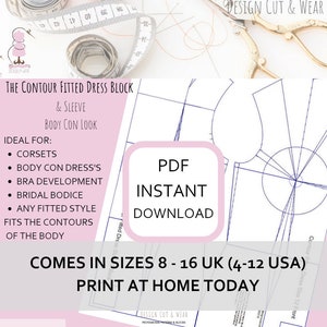 May include: A pink and white printable PDF pattern for a fitted dress block and sleeve. The pattern is ideal for making corsets, bodycon dresses, bridal bodices, and other fitted styles. The pattern comes in sizes 8-16 UK (4-12 USA).