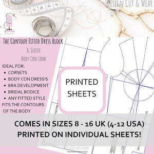 May include: A pink and white printable pattern sheet for a fitted dress block and sleeve. The pattern is ideal for making corsets, bodycon dresses, bridal bodices, and any fitted style. The pattern comes in sizes 8-16 UK (4-12 USA) and is printed on individual sheets.