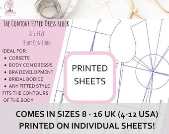 The Contour Fitted Dress Block & Sleeve- Sizes 8 to 18 (UK) 4 to 14 US - 36-46 EU - Ready Printed on Individual Sheets - All Sizes Supplied