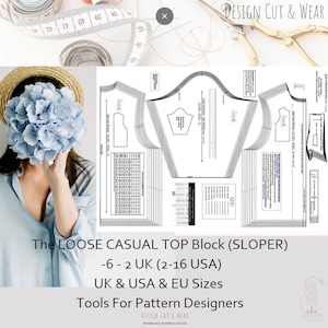 Peut inclure: Un patron de couture noir et blanc pour un haut décontracté ample. Le patron comprend des tailles pour le Royaume-Uni, les États-Unis et l'UE. Le texte sur le patron indique "The Loose Casual Top Block (SLOPER) -6-2 UK (2-16 USA) UK & USA & EU Sizes Tools For Pattern Designers".