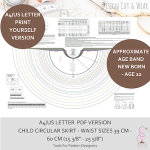 Baby & Child Circular Skirt Basic Block - Sloper- Waist 39cm (15 3/8") - 60cm (23 5/8") - 22 Sizes - A4/US letter PDF Print at Home Version