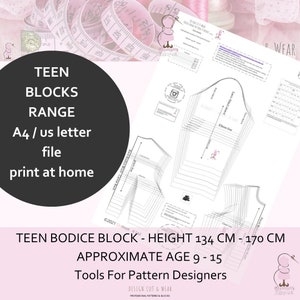 Bloque de patrón de corpiño y mangas Edad 9-15 - Sloper para preadolescentes y adolescentes - Altura 134 cm-170 cm, ideal para pequeñas empresas de moda Versión PDF A4/carta estadounidense