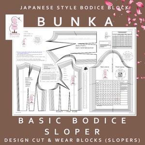 Pode incluir: Um padrão de costura preto e branco para um corpo básico. O padrão é etiquetado como "Japanese Style Bodice Block Bunka" e inclui instruções para criar um corpo com uma prega em uma posição alternativa. O padrão é projetado para ser usado com uma máquina de costura.