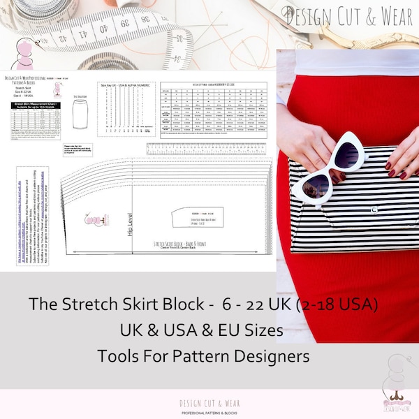 Stretch Skirt Block Sizes UK 6 - 22 USA 2- 18 EU 34 - 50 -  Ideal For Dressmakers, Pattern Cutters, and Designers, Make your own patterns!