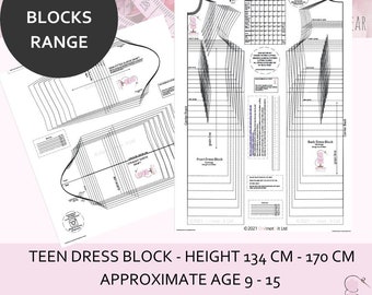 May include: A set of black and white dress block patterns for teens, designed for pattern makers. The patterns are for sizes 9-15 and heights 134 cm to 170 cm. The text "TEEN BLOCKS RANGE" is at the top of the image.