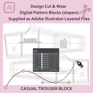 Digital Basic Blocks (Slopers) For Adobe illustrator -Casual Trouser Block -UK Sizes 6-22 (USA 2-18) Layered Digital Blocks & Size Chart
