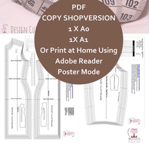 Può includere: Un cartamodello da cucire stampabile in bianco e nero per un vestito. Il cartamodello include istruzioni per la stampa a casa usando Adobe Reader in modalità poster. Il cartamodello è disponibile nelle dimensioni A0 e A1.