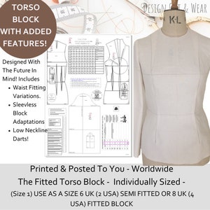 May include: A cream-colored dress form with a fitted torso block, next to a printed pattern with technical drawings and text. The text includes "TORSO BLOCK WITH ADDED FEATURES!" and "The Fitted Torso Block - Individually Sized".