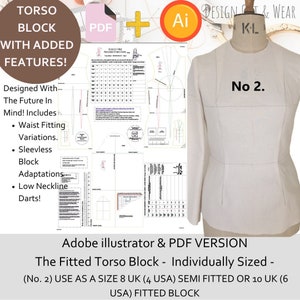 May include: A digital sewing pattern for a fitted torso block, available in Adobe Illustrator and PDF formats. The pattern is designed for a size 8 UK (4 US) semi-fitted or 10 UK (6 US) fitted block. The image shows a white fabric sample of the pattern, labelled "No. 2."