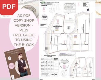 MANS FITTED WAISTCOAT - Basic Block or Sloper - Chest Size 38" - 48" A0 Copy Shop Version - Print Yourself - Colour or Black & White