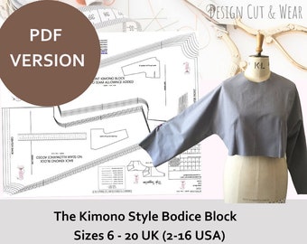 PDF Kimono Style Basic Mieder - mit aufgewachsenen Ärmel UK Größen 6-20 - Für Musterschneider! Ideal für kleine Design-Unternehmen oder Schneider.