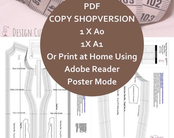 May include: A black and white printable sewing pattern for a dress. The pattern includes instructions for printing at home using Adobe Reader in poster mode. The pattern is available in sizes A0 and A1.