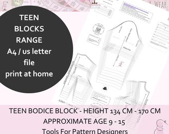 Bodice & Sleeve Pattern Block Age 9-15 - Tween-Teen Sloper - Height 134cm-170cm, Ideal For Small Fashion Business A4 / US letter PDF Version