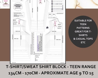 May include: A black and white line drawing of a t-shirt pattern for teens. The pattern includes measurements for the chest, waist, and sleeve. The text "T-Shirt/Sweat Shirt Block - Teen Range 134cm - 170cm - Approximate Age 9 to 15" is at the bottom of the image.