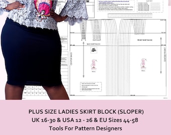 Plus Size Ladies Basic Skirt Block - UK Size 16 to 30 ( US Size 12 - 26) European Size 44'' to 58'' - Sloper - Design Your Own Patterns!