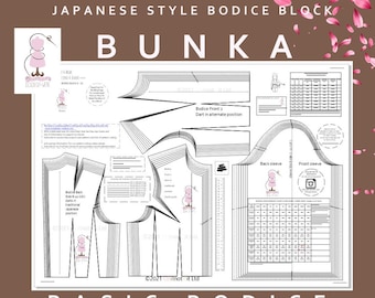 Molde básico para corpete BUNKA, inspirado no estilo japonês, disponível nos tamanhos 8 a 22 (Reino Unido) - conversão para tamanhos EUA e Europa! Ideal para estilistas ousados.