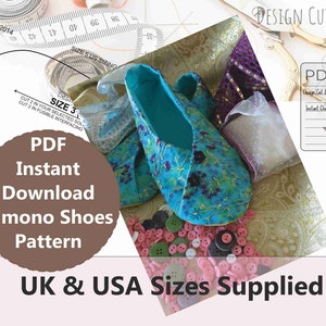 Slipper Style Kimono Shoe PDF Pattern Download - UK Sizes 3 to 8 US sizes 5 to 10 - Fully Illustrated Detailed Sewing Instructions