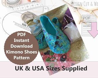 Slipper Style Kimono Shoe PDF Pattern Download - UK Sizes 3 to 8 US sizes 5 to 10 - Fully Illustrated Detailed Sewing Instructions